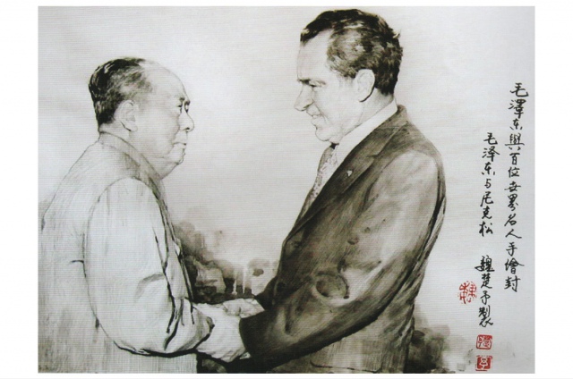 画家魏楚予人物画作品毛泽东与尼克松