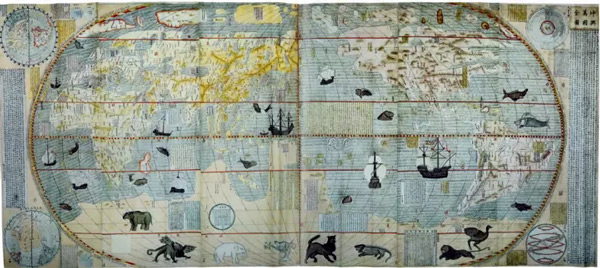 坤舆万国全图  明(1608年)，  纵168厘米， 横382厘米